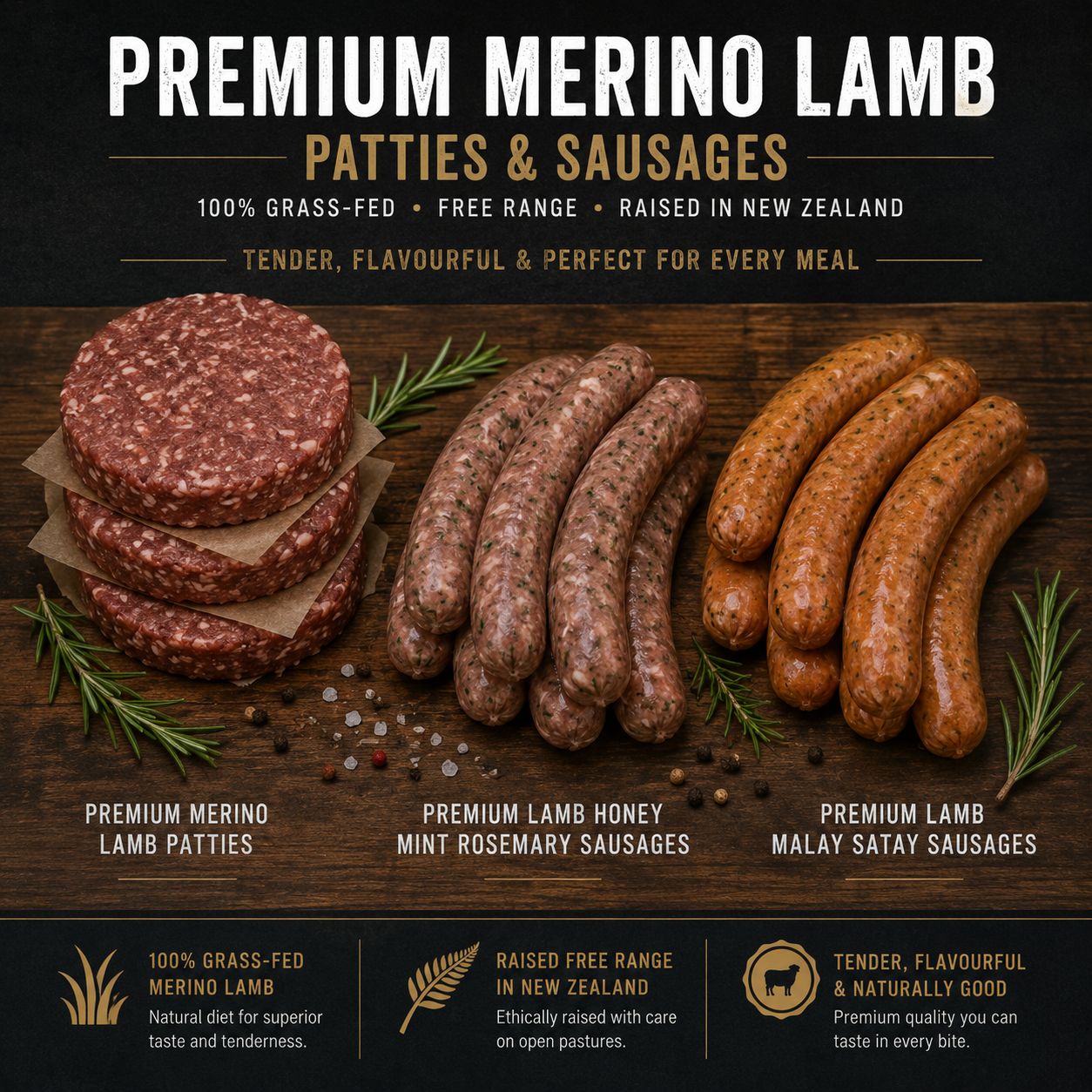 Premium Grass-Fed Gourmet Merino Lamb Patties & Sausages